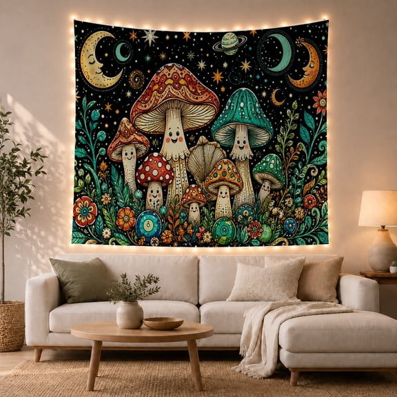 Smiling Mushrooms with Moons and Stars in a Night Sky, Whimsical Fantasy for Fantasy Art Lovers, Mystical Decor Wall Art, Birthday Gift Tapestry Wall Hanging for Bedroom and Dorm