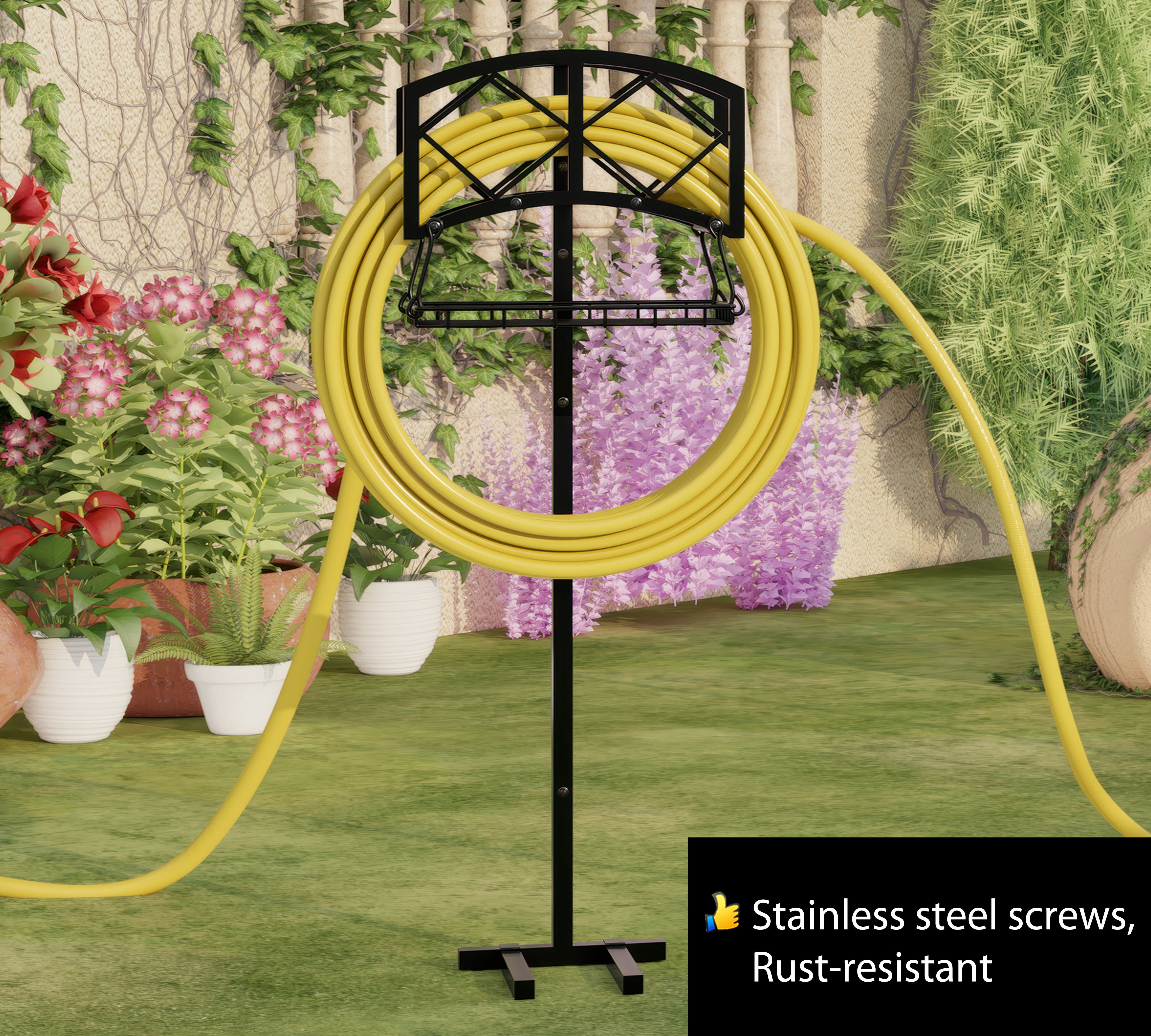 Fire Beauty Freestanding Garden Hose Holder for Outdoor - Heavy Duty In-Ground Hose Rack Organizer with Detachable Stake, Holds 150ft Hose & Reel Stand, Rust-Proof Lawn Yard Water Hose Hanger (Black)