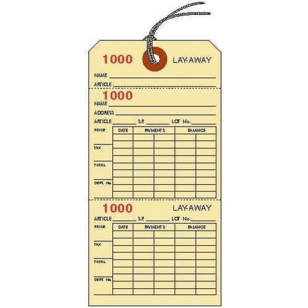 LAYAWAY Tickets/s, 6.25" X 3.125", Manila Cardstock, 3-Part, Consecutively Numbered, Prestrung - Pack of 100