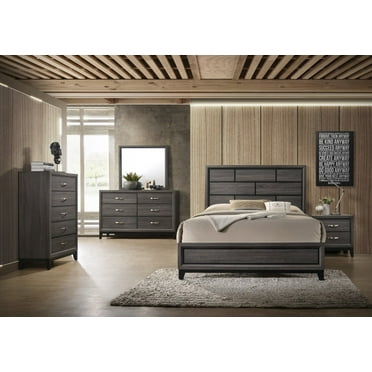 Contemporary Style 5pc Full Size Panel Bed Dresser Mirror Nightstand Bedroom Furniture Set Gray Finish