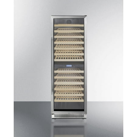 Upright dual zone wine cellar with glass door  digital thermostat  and stainless steel cabinet