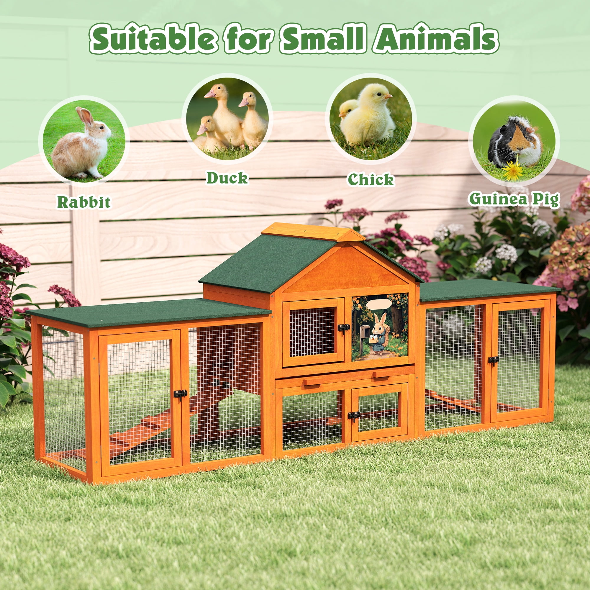83”Large Wooden Rabbit Hutch Outdoor Easy to Assemble，Rabbit Cage Bunny Hutch Indoor with Cleaning Tray & Waterproof Roof for Small&Medium Bunny Rabbit，Orange