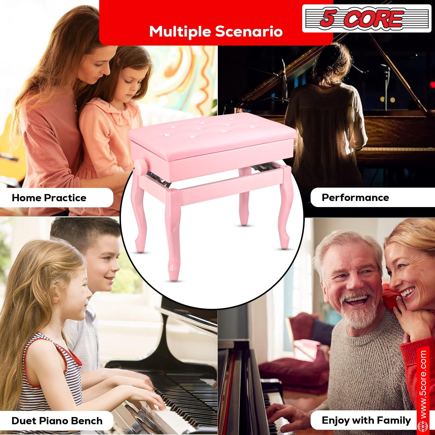 5 CORE Piano Bench with Storage Thick Padded Cushion 3 Inch Adjustable Height Solid Wooden Keyboard Musician Seat with PU Leather Cushion Cherry Pink - PNB WD HD PNK