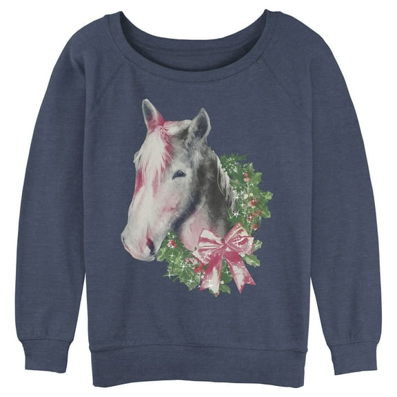 Junior's Lost Gods Christmas Wreath Horse  Sweatshirt Blue Heather Large