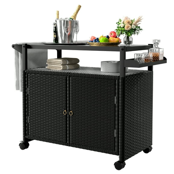 Tolead Outdoor Rolling Wicker Bar Cart, Patio Rattan Wicker Table with Wine Storage and Spice Rack for Pool, Party, Backyard