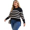 thumbnail image 2 of Agnes Orinda Women's Plus Size Striped Sweaters Crew Neck Long Sleeve Side Slits Cozy Knit Casual Pullover Sweater 1X Black, 2 of 5