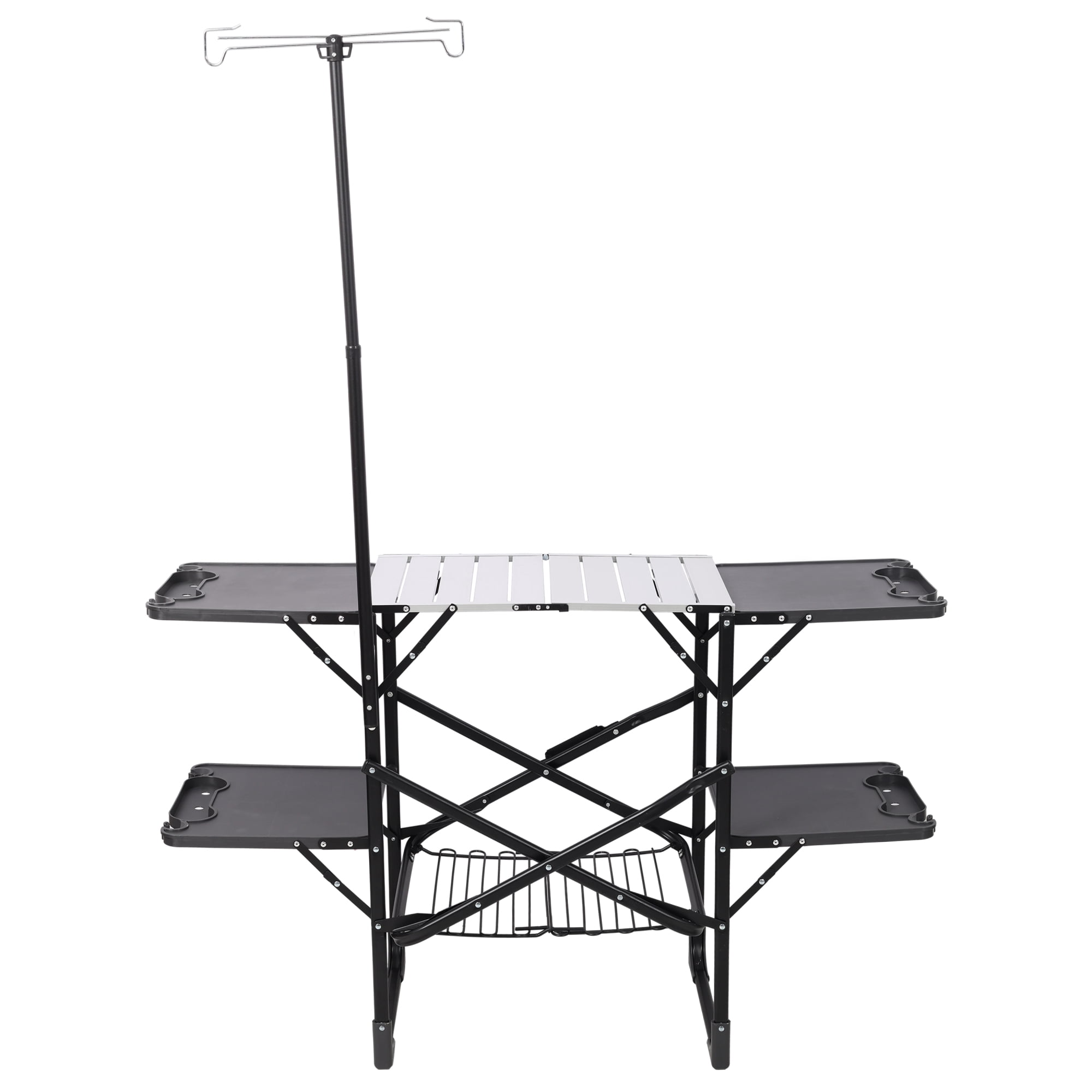 Leumius Portable Camping Kitchen Table with Heat Resistant Top,Folding Outdoor Cooking Station with 4 Side Tables,Storage Rack & Lamp Post for Picnics,Camping,Trips,Black