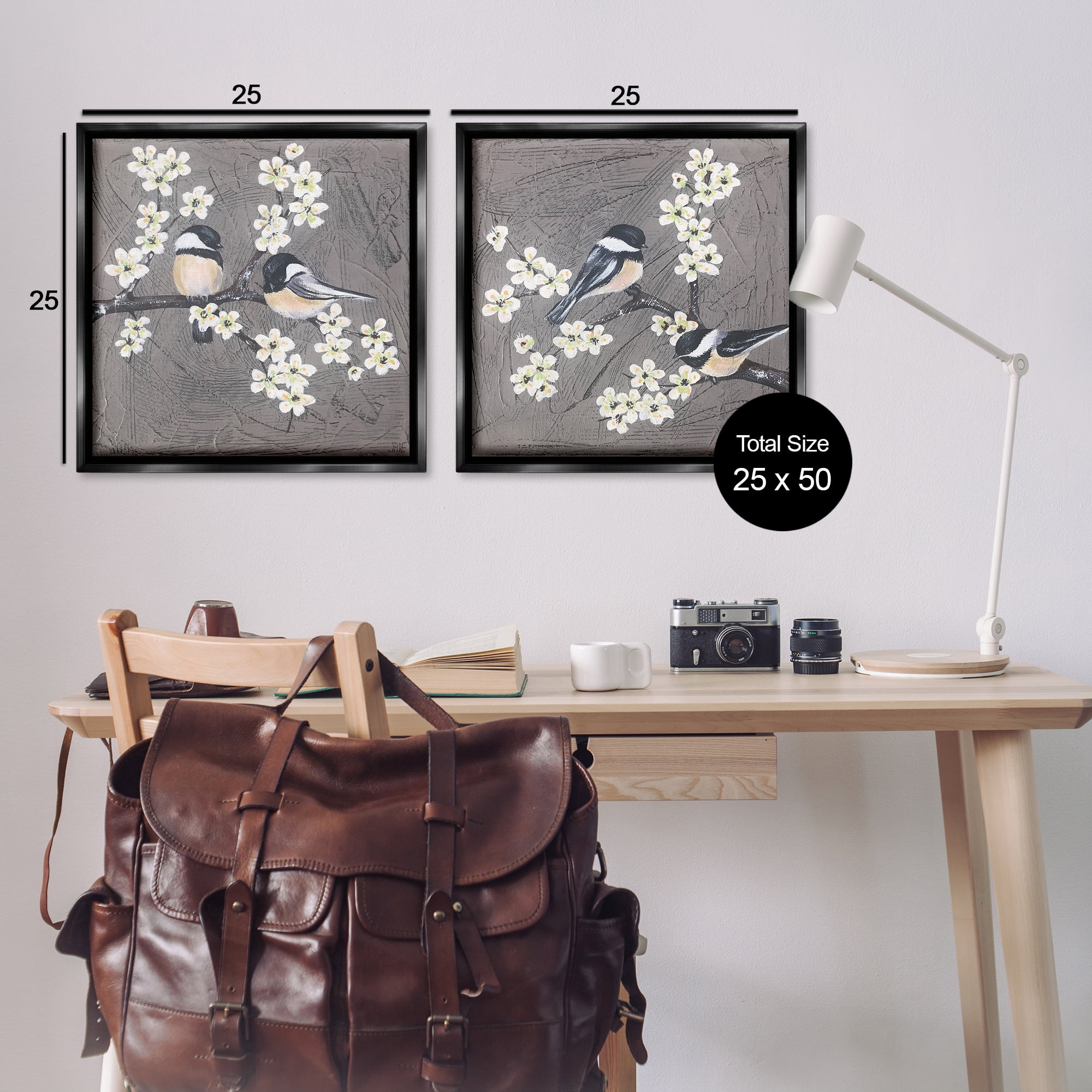 Stupell Industries Chickadee Birds Flowering Branch Animals Painting Black Floater Framed Canvas Art Print Wall Art, 25 x 25, Set of 2