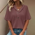 thumbnail image 4 of Women Short Sleeve Hooded Summer Top Waffle Knit Tee Shirts Drawstring Hoodies Button V Neck Blouse, 4 of 8