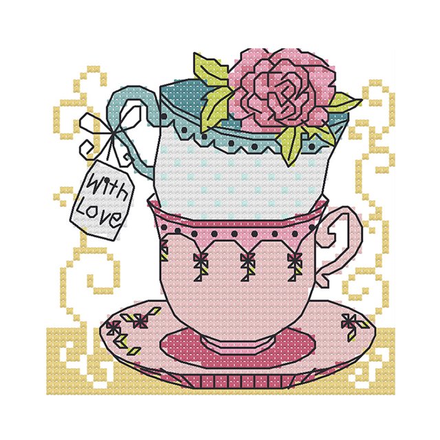 (J357) Hilo Algodón Ecológico 14CT Impresión 2 Hebras 15*15CM Té Dos Kit Serie Naturaleza Muerta Punto Cruz (manual en Inglés)