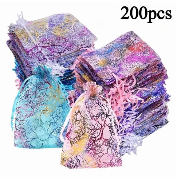 200 Pack Organza Bags, 4x6 Mesh Drawstring Gift Bags, Coral Print Small Jewelry Bags for Party Favors Birthday Wedding Celebrations