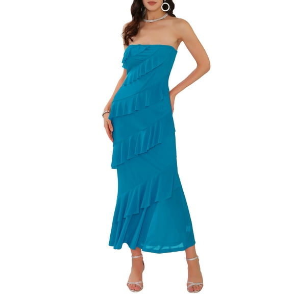 DARING DIVA Strapless Bodycon Ruffle Maxi Cocktail Wedding Dress L Blue Green