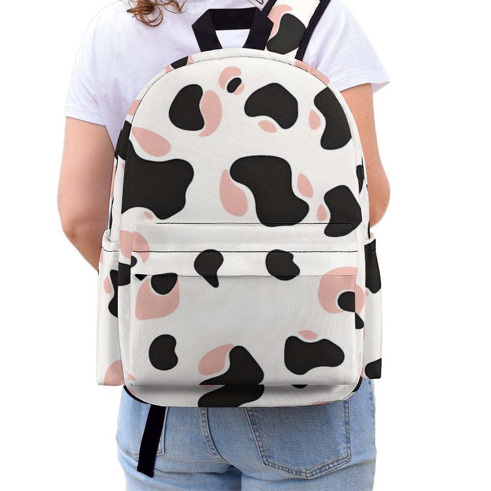Large Capacity Half Print Backpack 11.8×16.5×5.9in Multifunctional Zipper Design Convenient Switch Simple Cow Print Pattern White Background, Pink And White_2