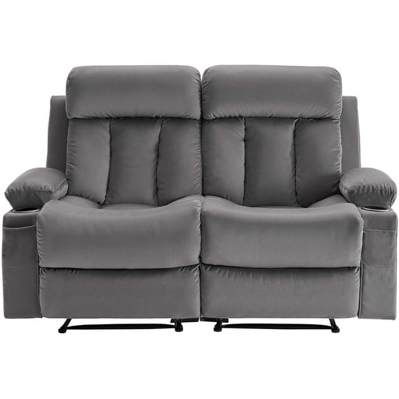 KFFKFF Dual Reclining Loveseat Sofa with Heating and Massage, Comfortable Velvet Electric Recliner with USB Ports, Cup Holders, and Side Pockets, Ideal for Living Room, Grey