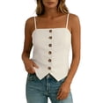 thumbnail image 4 of SHTXOZHI Womens Linen Tank Tops Spaghetti Strap Button Front Cropped Tees Square Neck Comfortable Casual Top, 4 of 7
