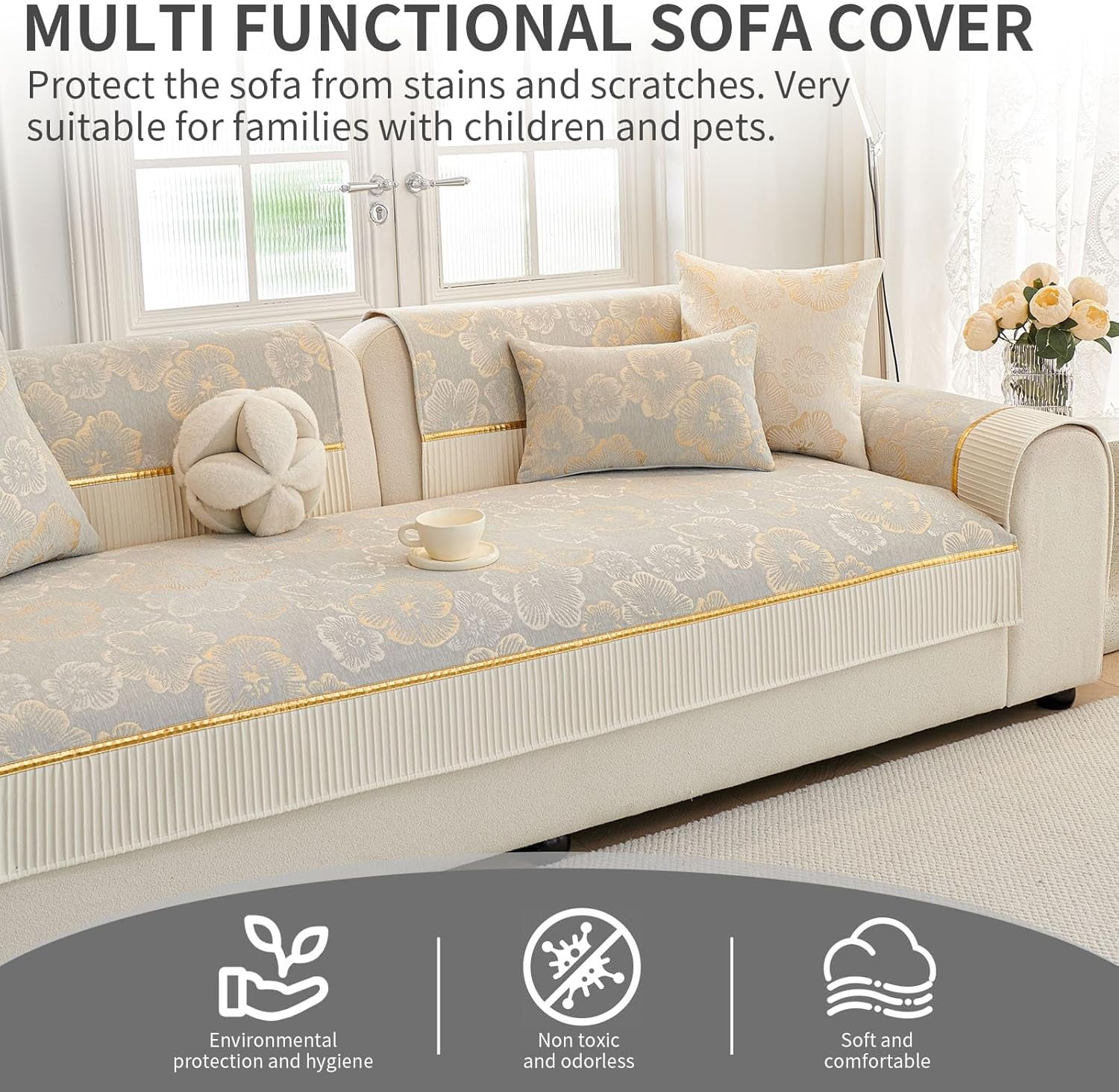 Modern Luxury Elegant Couch Cover, Soft Floral Leaf Chenille Sofa Cover, Non-Slip Washable Fits Various Sectional Sofa, Pet Kid-Friendly Furniture Protector,Gray-1pc 43"x94"