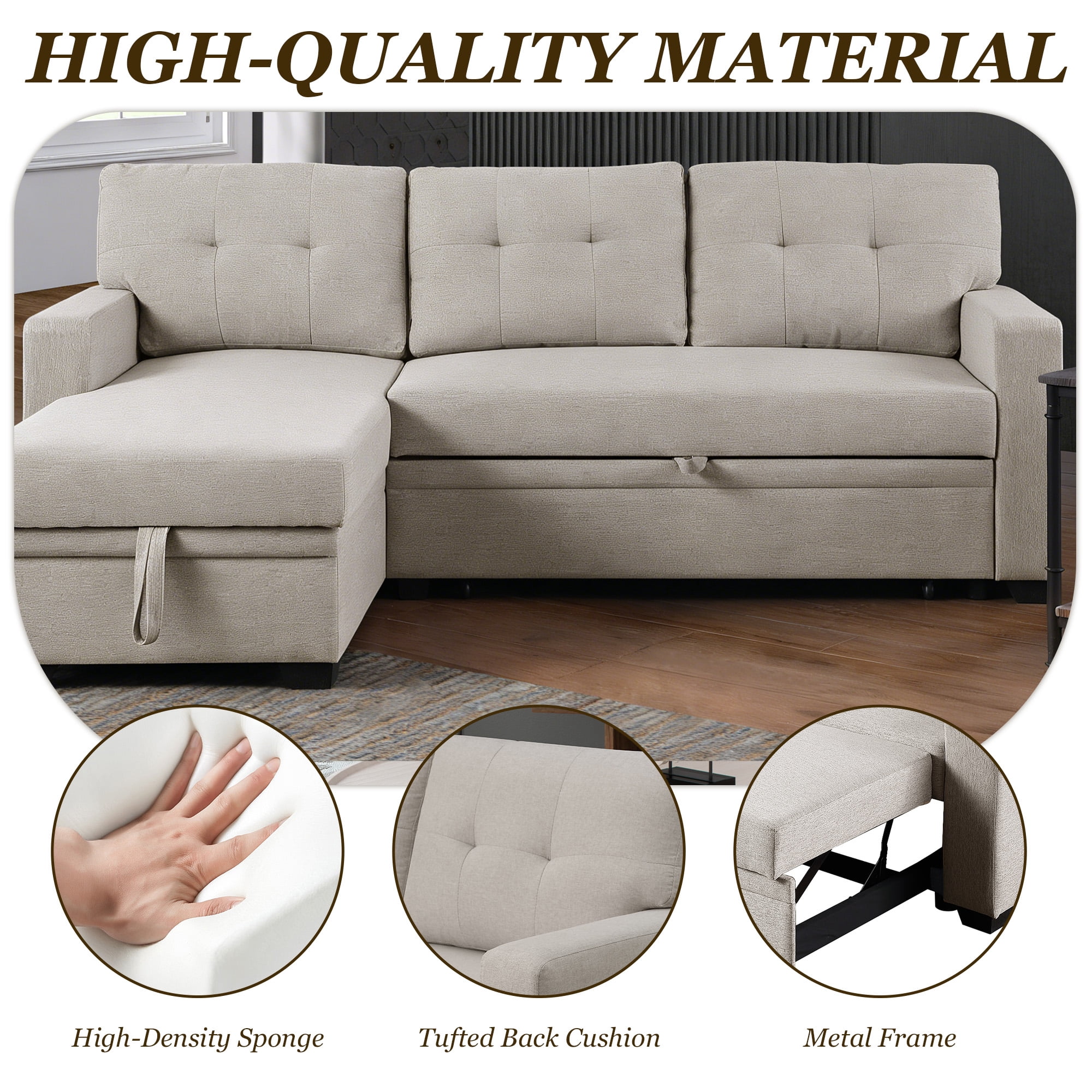 MOONMISS Sectional Sofa Bed with Storage and Soft Seat ,Reversible Pull Out Couch for Living Room,Beige