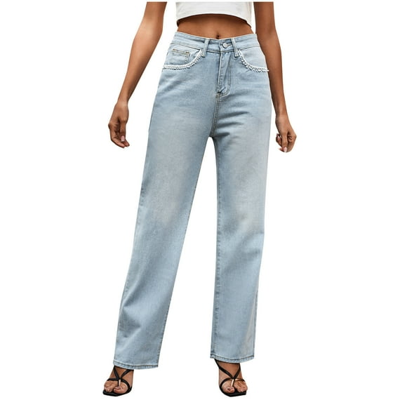 Bigersell Straight Jeans Women High Waisted Tall Jeans Casual Loose Straight Leg Denim Pants with Pockets Full Length Pants Trousers Washed Classic Blue Jeans BlueL