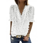 Asyoly Women's Sexy Lace Crochet V-Neck Blouses Short Sleeve Solid Color Tops Shirts