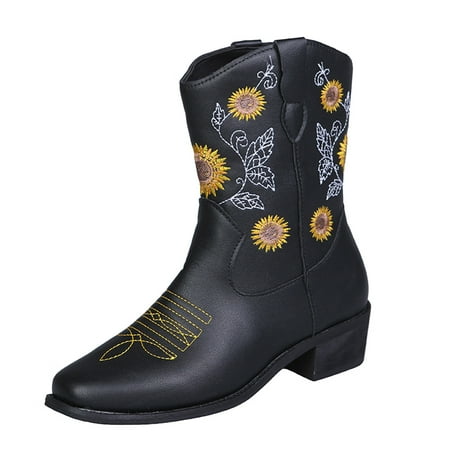 

Ladies Fashion Leather Face Sunflower Embroidered Square Toe Chunky Heel Mid Boots
