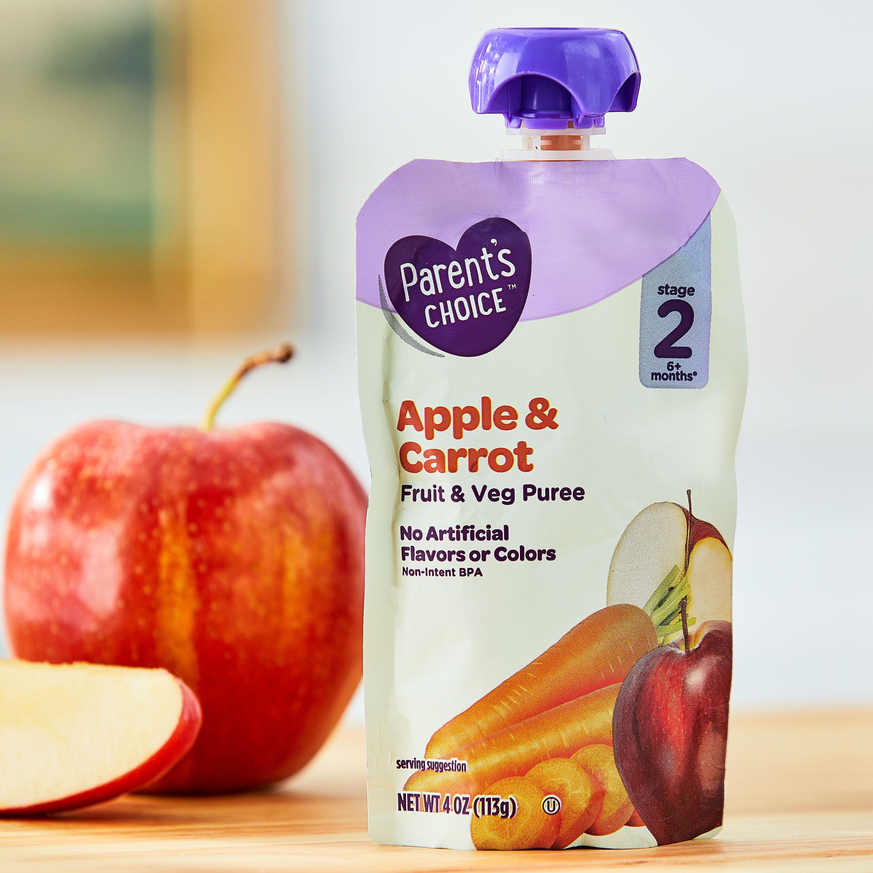 (paquete de 3) Comida para bebé etapa 2 de puré de manzana y zanahoria Parent's Choice, bolsa de 4 oz 3