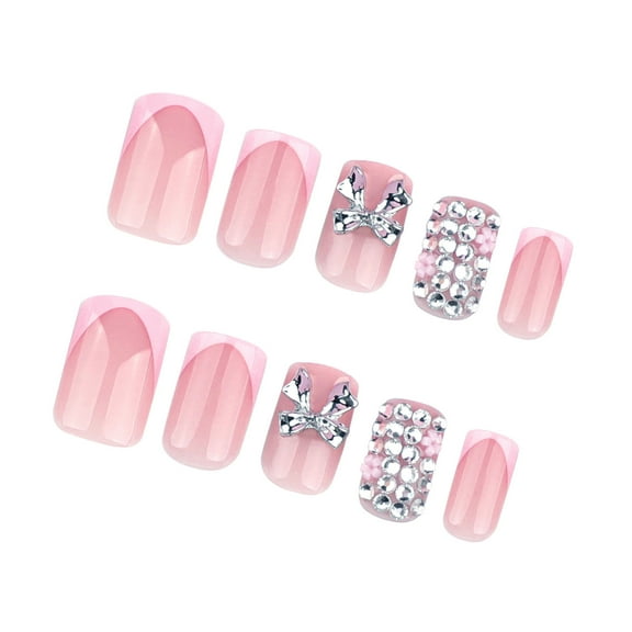 24 Pieces Short Press on Nail Artificial Nail With 3D Bows Charm Designs Acrylic French Stick On Nail Manicure Nail Art