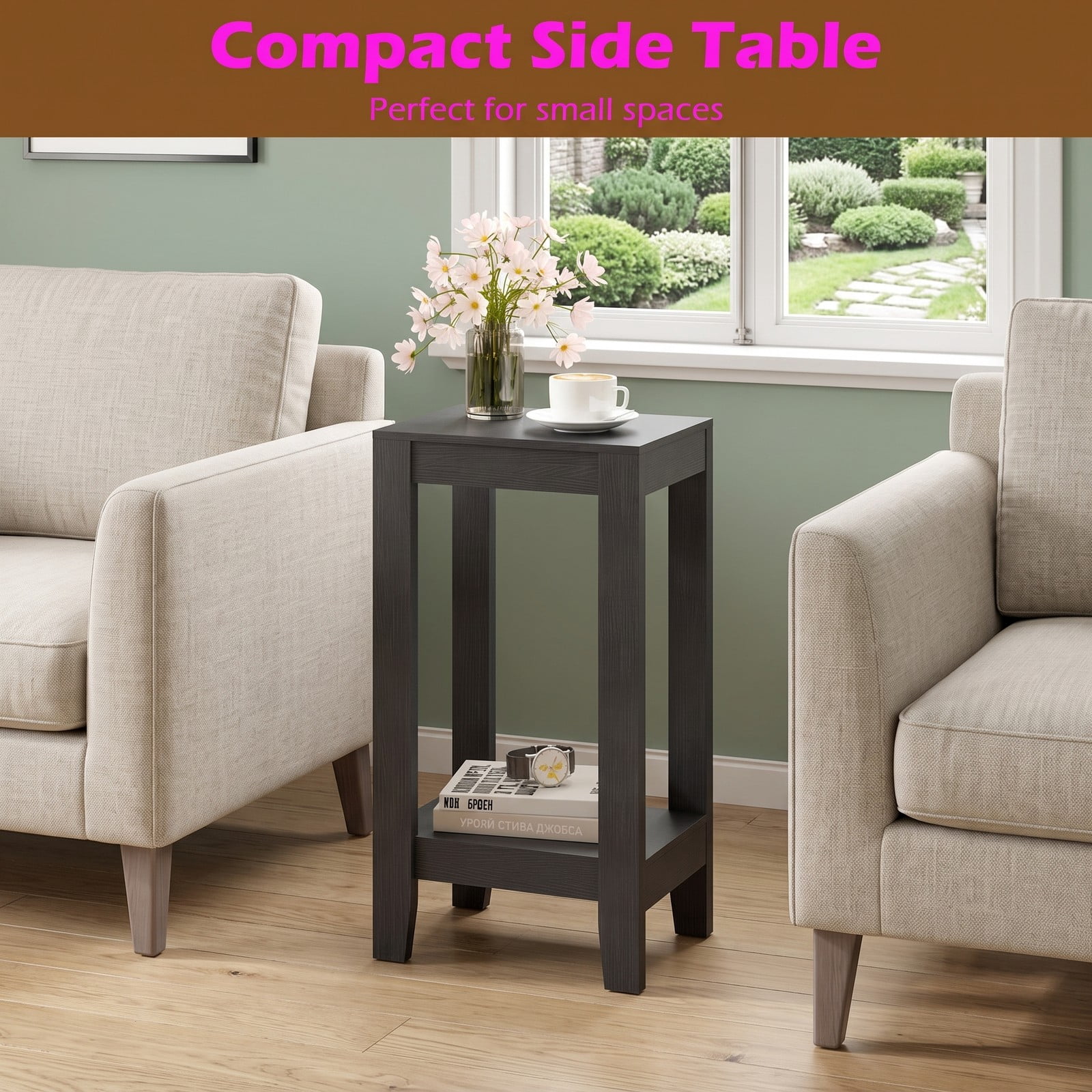 Furnibear Set of 2 End Tables 2-Tier Nightstand Side Table with Storage Shelf for Living Room Bedroom Small Space, Wood Sofa Side End Table Set, Black