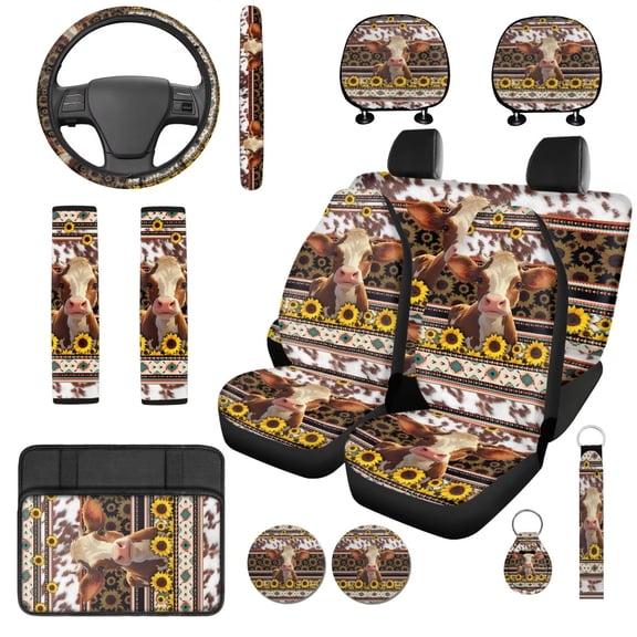 Uorisanigo Sunflower Cow 14 Pack Automobile Seat Cover Sets Steering Wheel Cover and Cars Headrest Cover Car Console Cover Auto Seat Belt Cover Keychain Soft Elastic Fabrics Fit for Car SUV