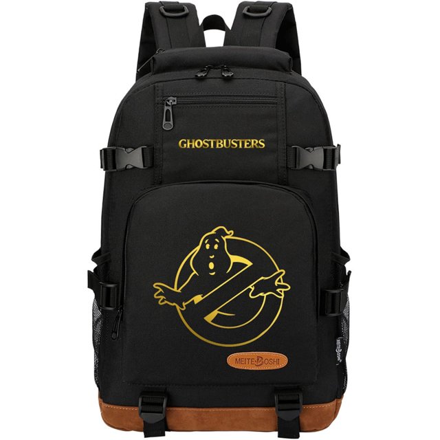 Ghostbusters Graphic Knapsack-Large Capacity Travel Rucksack Lightweight Daypack for Men Women. A black backpack featuring the iconic Ghostbusters logo in yellow on the front pocket. Made from waterproof lightweight polyester with a nylon lining, it includes a main compartment with a 14-inch laptop sleeve, two side mesh pockets, and a front zip pocket. The padded, adjustable straps provide comfort for extended use. Suitable for school, travel, hiking, and more.