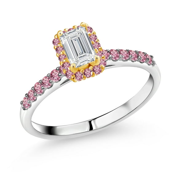 Gem Stone King 925 Silver and 10K Yellow Gold White and Pink Lab Grown Diamond Engagement Ring for Women | 0.97 Cttw | Emerald Cut 6X4MM | Gemstone April Birthstone | Size 7