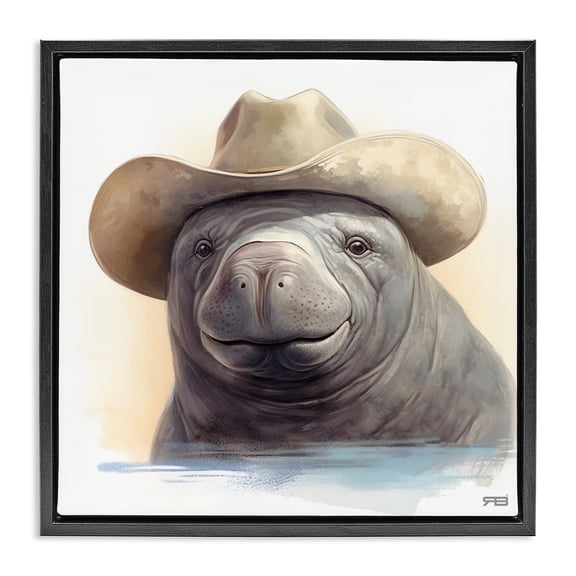 Stupell Industries Eclectic Manatee with Southern Hat Black Floating Frame Canvas Art, 18 x 18, by RB