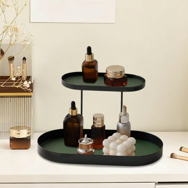 Double Layer Iron Storage Tray Organizer, Jewelry Perfume Makeup Display Rack, Tabletop Countertop Bathroom Kitchen Shelf, Decorative Metal Holder for Cosmetics Accessories Rings Earrings Keys