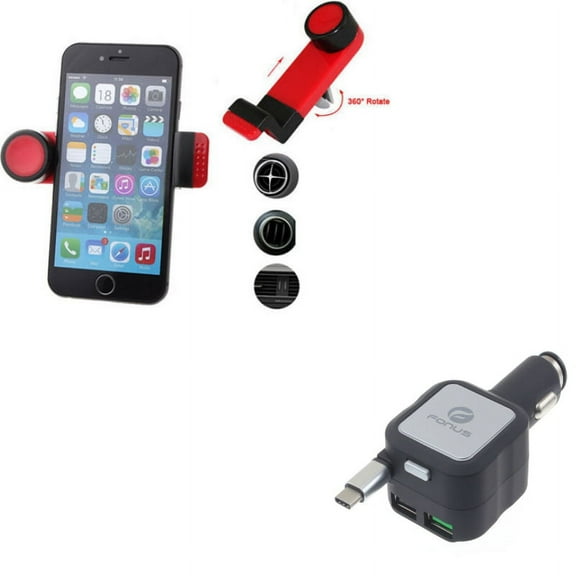 Retractable Car Charger w Air Vent Mount Holder Z9L for Acer Liquid Jade Primo - Alcatel PulseMix, 7, Idol 5S 5 4S - ASUS Zenfone V Live, ROG Phone, AR 6 5z 4 Pro - Blackberry Motion, Key2