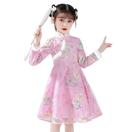 

Toddler Kids Baby Girls Children Fairy Hanfu Dresses For Chinese Calendar New Year Fleece Lined Warm Princess Dresses Embroidery Tang Suit Performance Dress Bloomers