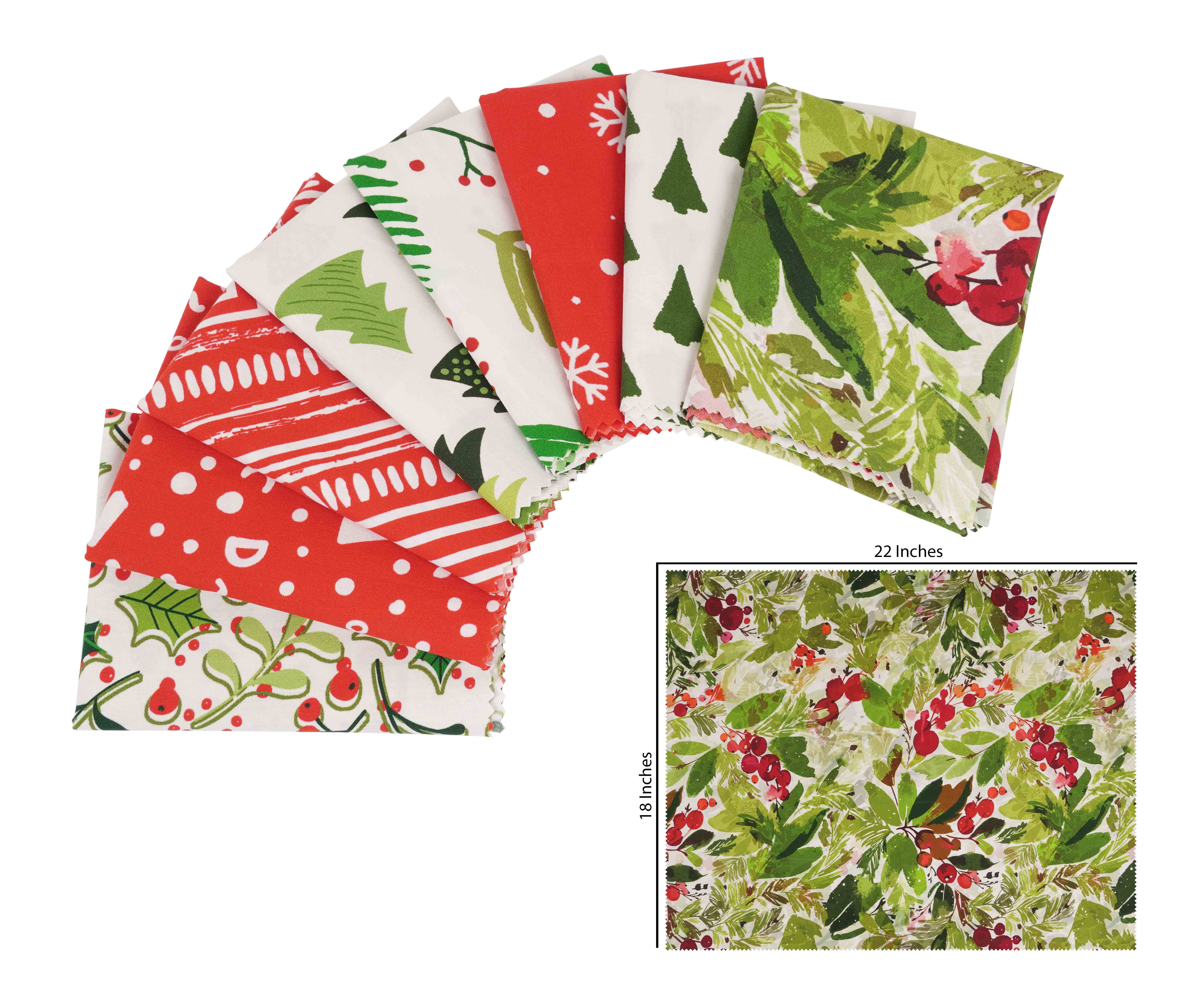 Soimoi 8 Pc Fat Quarter Bundle-ChristmasPrint 18"x 22"DIY Patchwork-100% CottonPre-Cut Quilting Fabric Red- White & Green