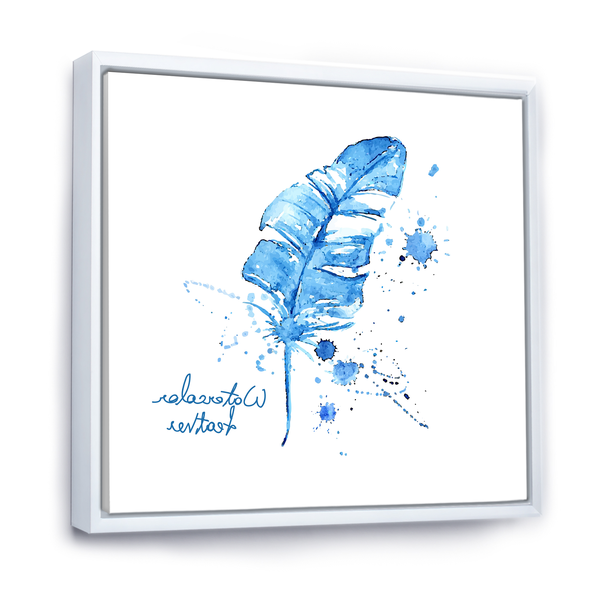 Designart 'Ethnic Blue Feather On White' Bohemian & Eclectic Framed Canvas Wall Art Print