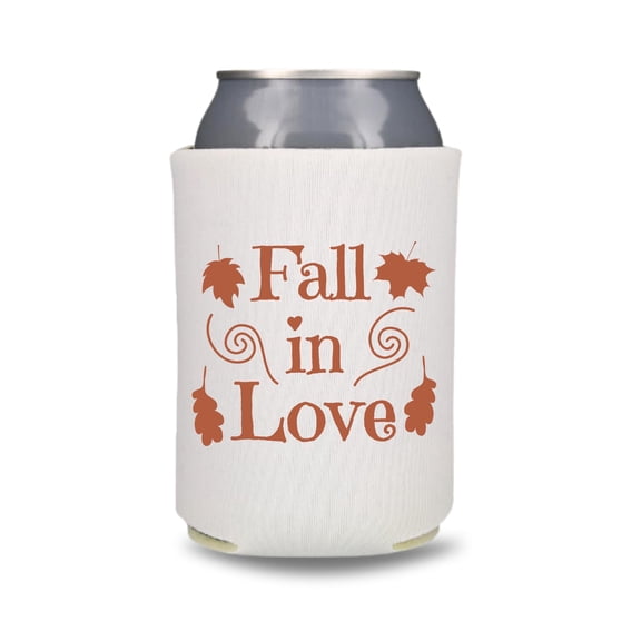 Fall Wedding Can Coolers, Fall In Love Coolie, Wedding Party Gift and Souvenir, Couple Beer Hugger (White)