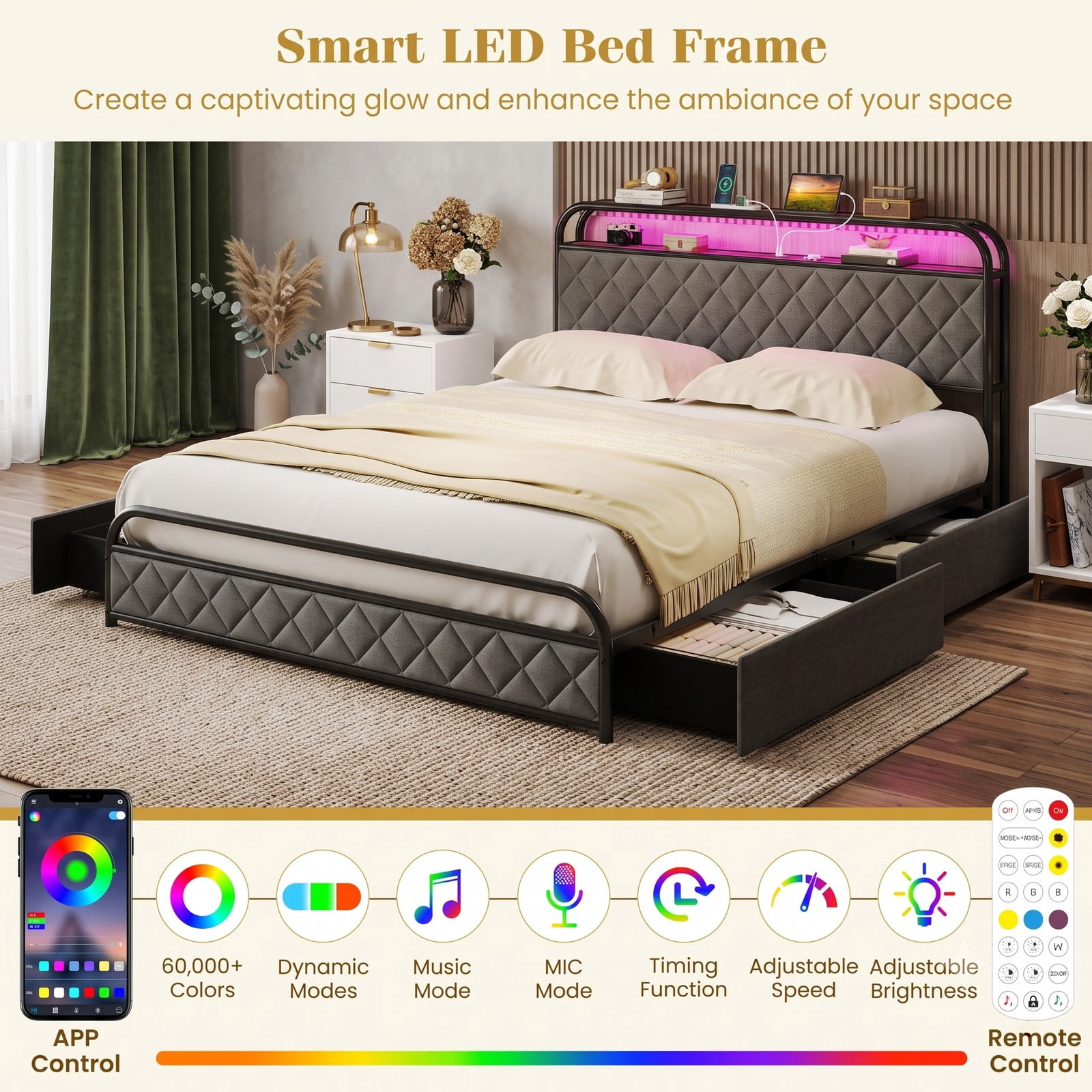 Furnibear Queen Size Metal Platform Bed Frame with LED Lights and 4 Storage Drawers with USB Charging Station for Bedroom, Gray