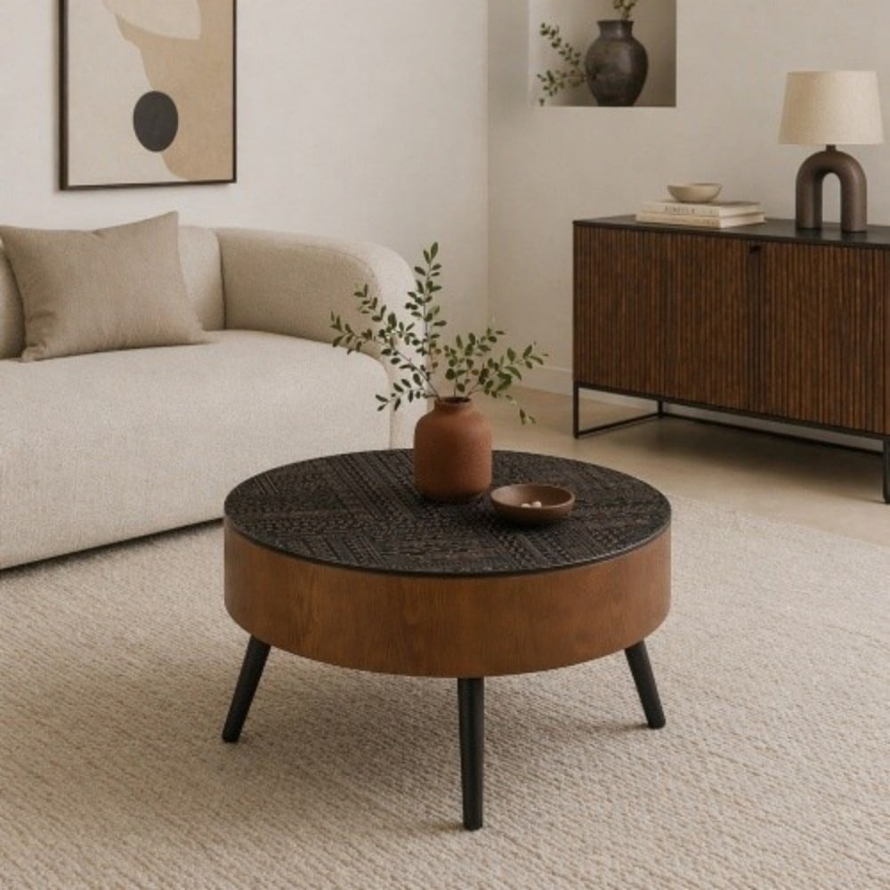 31.5" Round Coffee Table with Storage, Carved Wooden Tabletop, Mid-Century Modern Accent Table with Solid Wood Legs for Living Room, Apartment, Office, Black & Brown