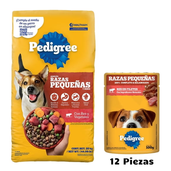Pedigree Adulto Raza Pequeña 20 Kg + Caja Pedigree Sobre Adulto Razas Pequeñas filete Res (12 Pzas)