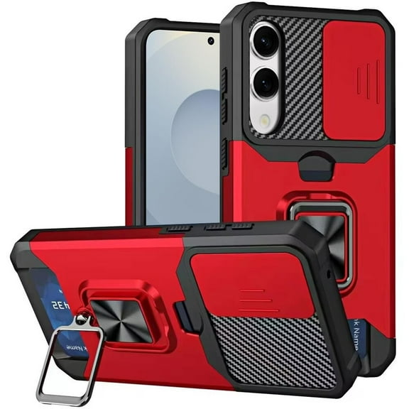 For Samsung Galaxy S25 Edge SM-S937 Multi-Functional Camera Ring with Card Hybrid Kickstand Cover Cell Phone Case Tempered Glass - MF Camera Red