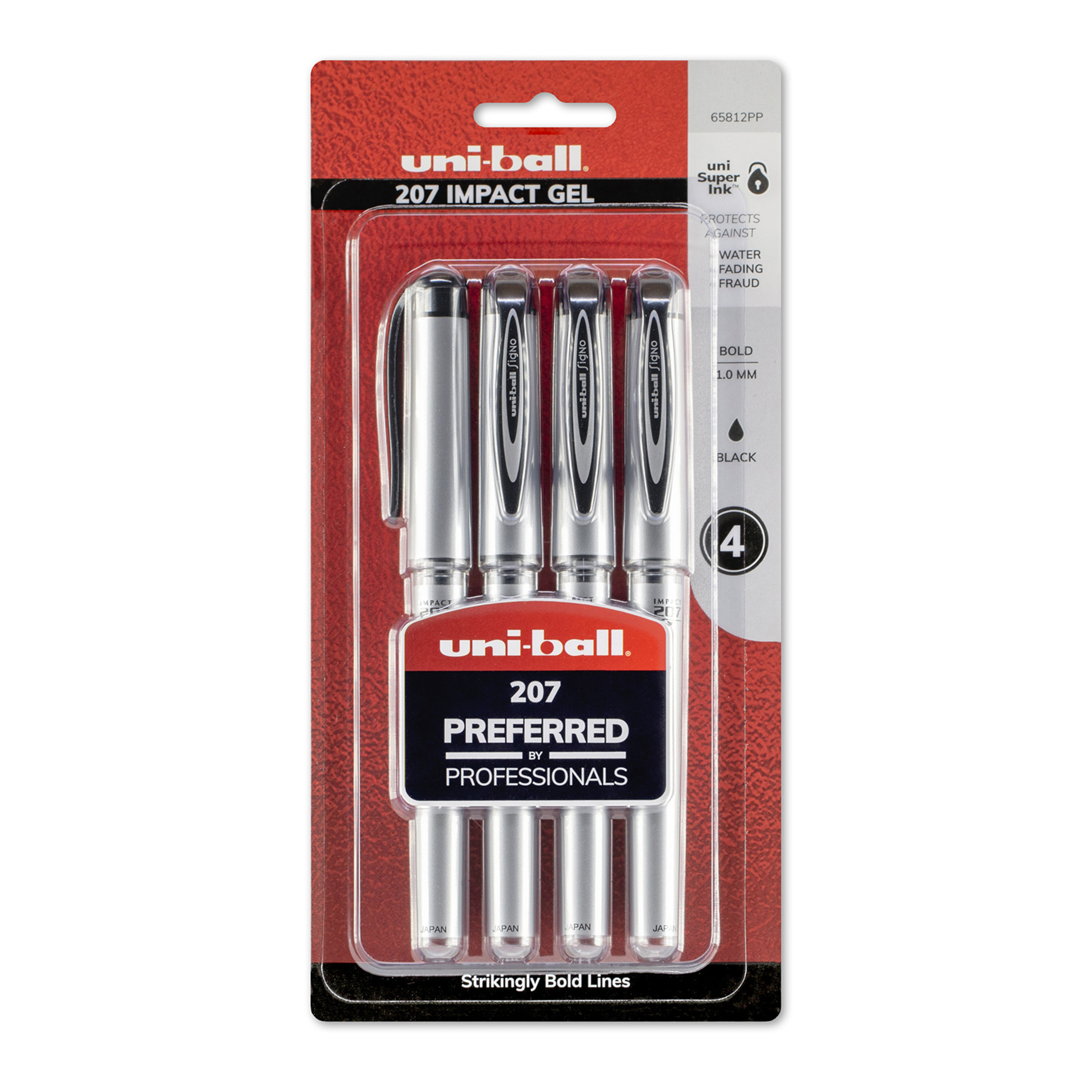 Uni-ball Gel Impact Pen Set, 1 mm, 4 Per Package, Black