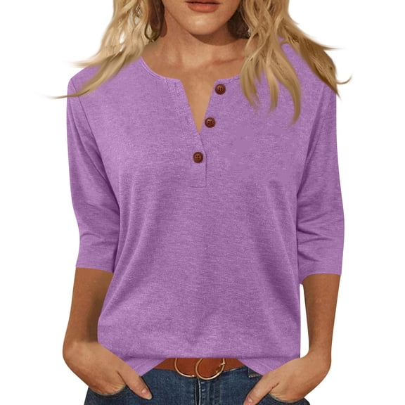 Womens 3/4 Sleeve Henley Tops Lightweight Classic Button Down Blouses Dressy Casual Summer Work Fashion Outfits