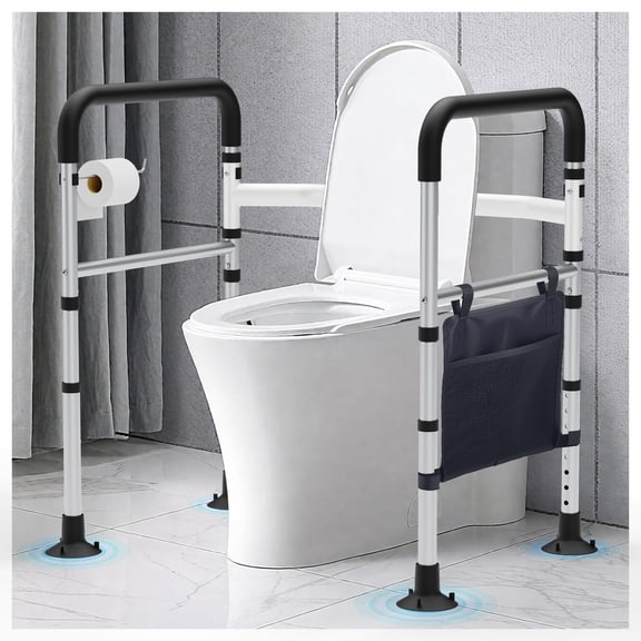 WHLICKS Toilet Safety Rails, Height & Width Adjustable Detachable Toilet Safety Frame for Seniors, Elderly & Disabled, Foldable Handicap Toilet Rails with Handles Storage Bag, Tissue Holder (350LB)