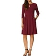 thumbnail image 2 of Allegra K Crew Neck Dress for Women's 3/4 Sleeve Pleated A-Line Casual Elegant Dresses M Wine Red, 2 of 5