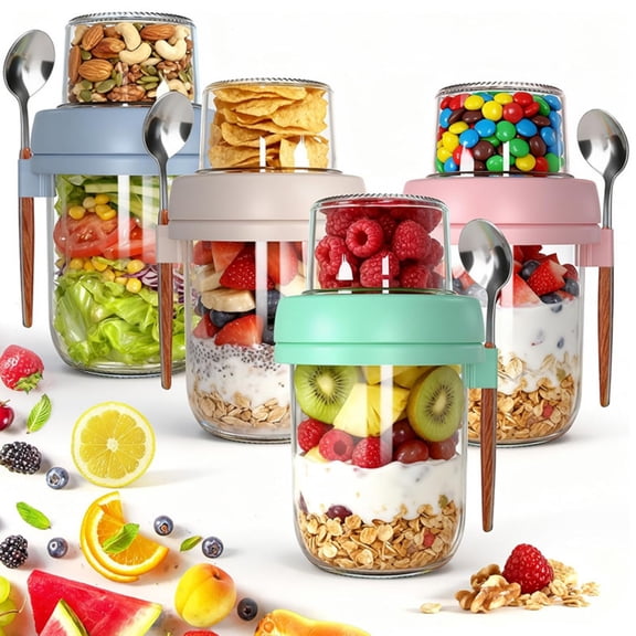 FAHZON 4-Pack Glass Yogurt Containers with Lids, 16oz Overnight Oats Jars for Meal Prep, Dry Wet Separation