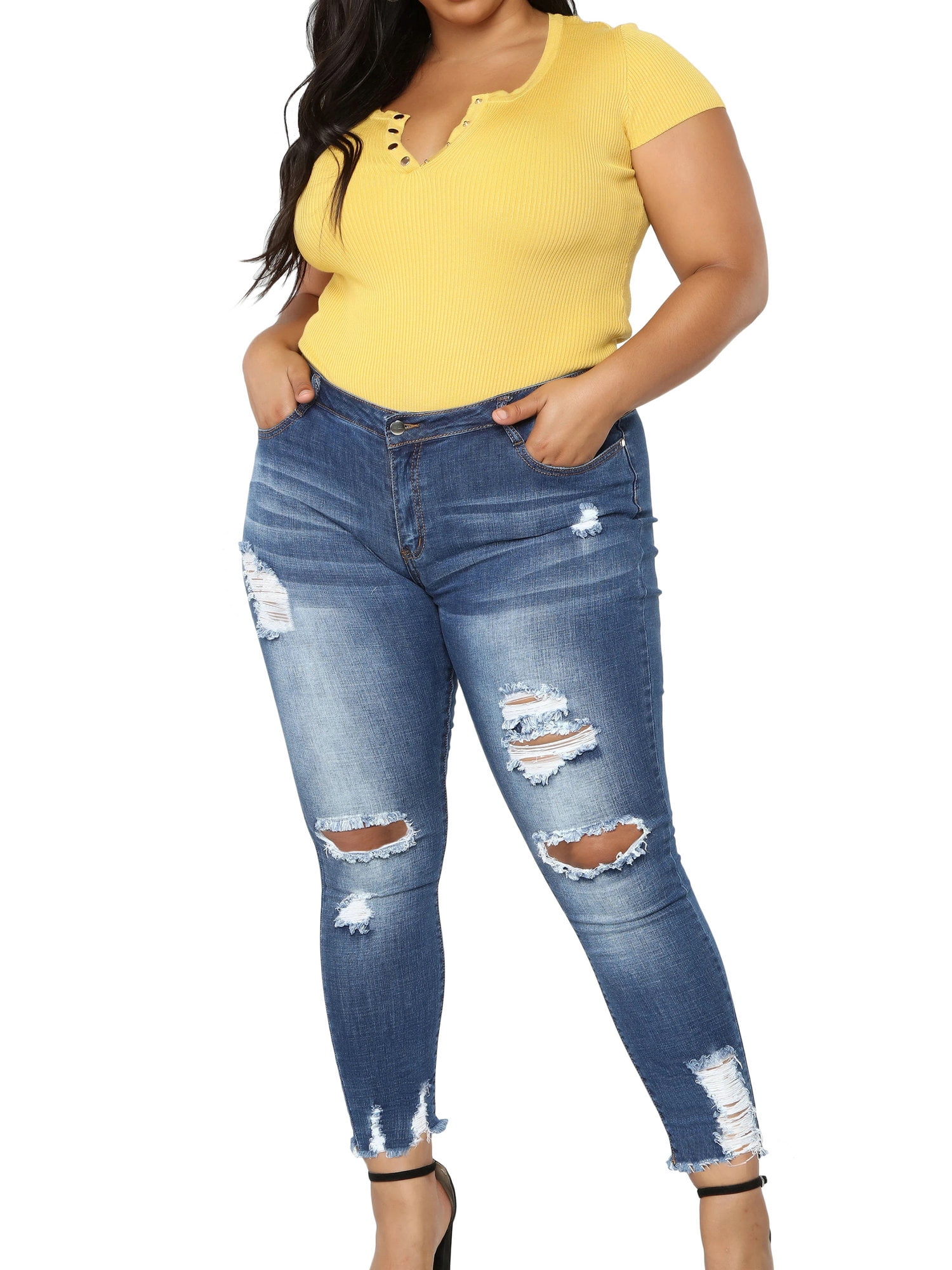 Enwejyy Womens Plus Size Bagi Boyfriend Curve Destructed Ripped Jeans