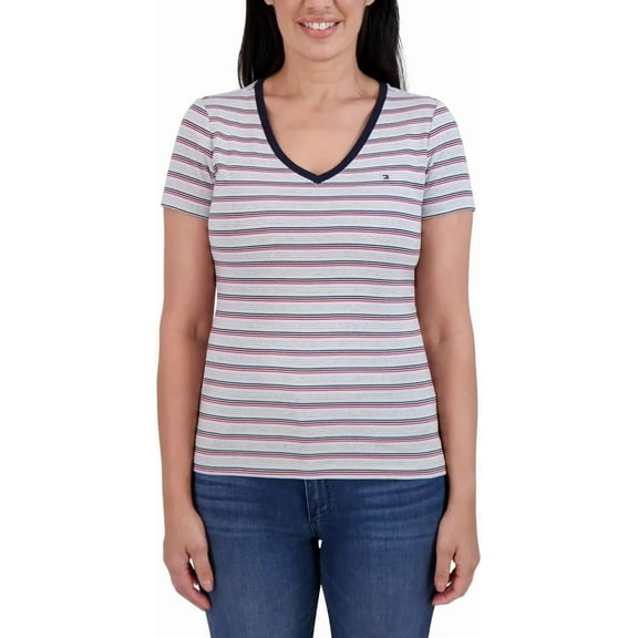 Tommy Hilfiger Womens Short Sleeve V-Neck T-Shirt Tee (White Stripe, X-Large)