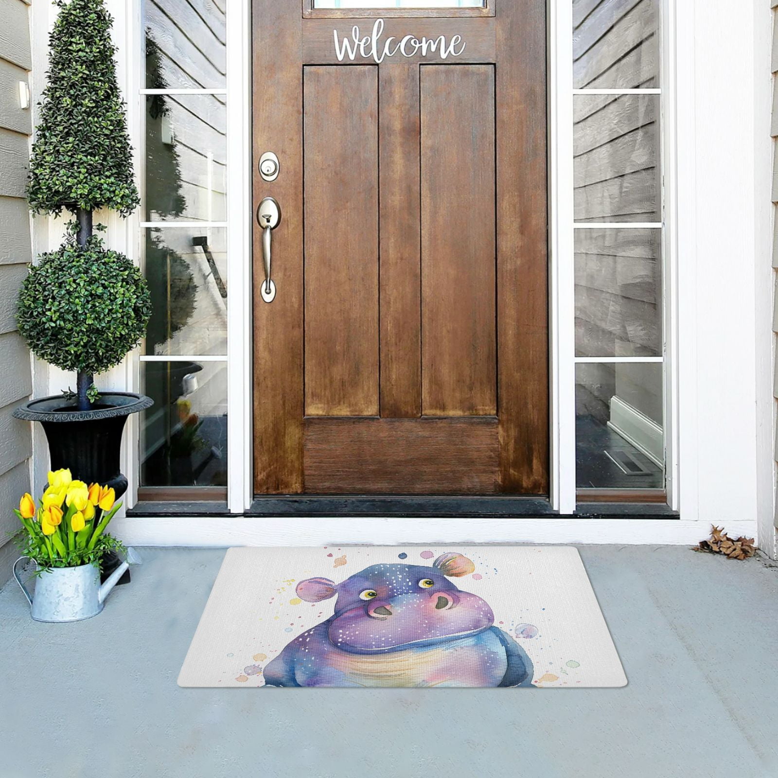 JSTEL Watercolor Hippo Hippopotamus Front Door Mat Outside Entrance 32x20 Inch Doormat for Outdoor Indoor Washable Non Slip Floor Mats
