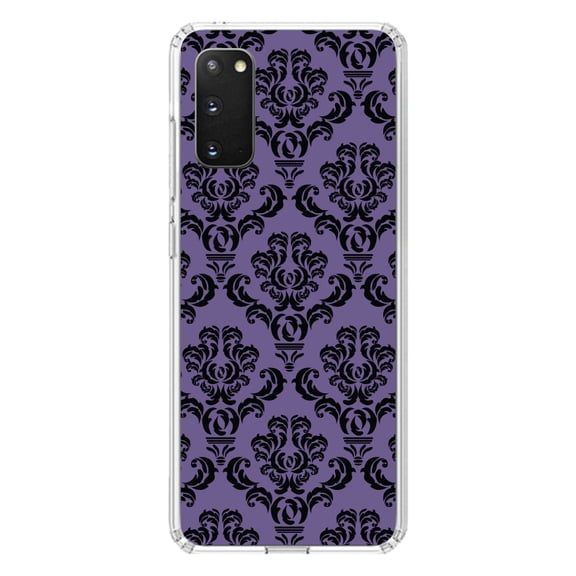 DistinctInk Clear Shockproof Hybrid Case for Galaxy S20 ULTRA / 5G (6.9" Screen) - TPU Bumper, Acrylic Back, Tempered Glass Screen Protector - Purple Black Damask Floral - Floral Damask Pattern